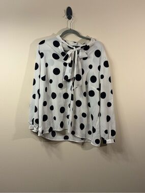 Eloquii White and Black Polka Dot Bow-Tie Blouse